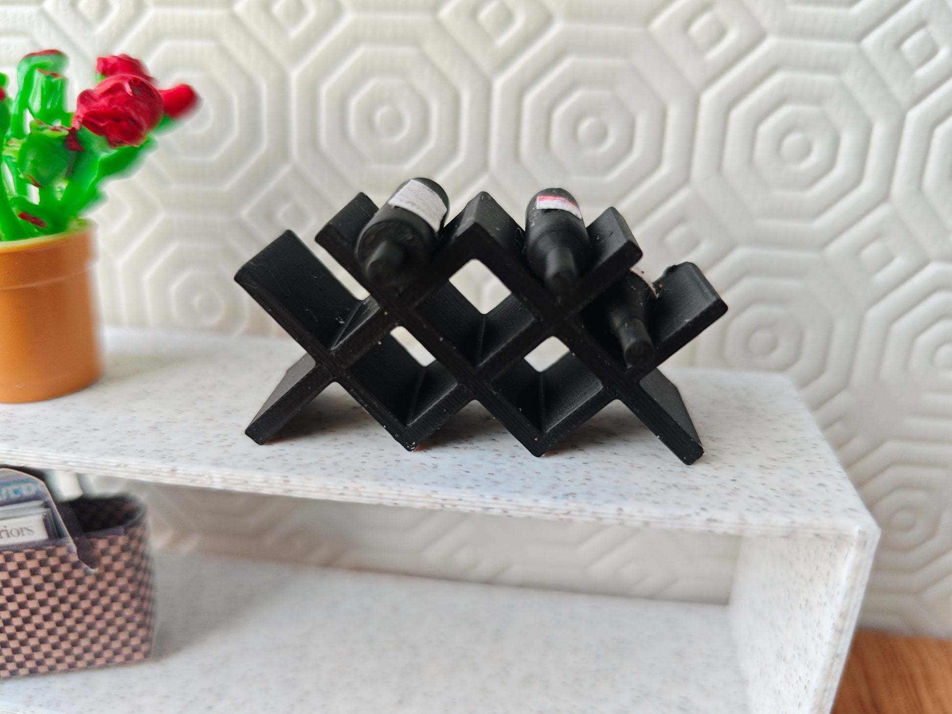 Wine rack holder, Countertop Display Racks for mini kitchen, bar and decoration. STL file for 1:12 dollhouse accessories, sticker included