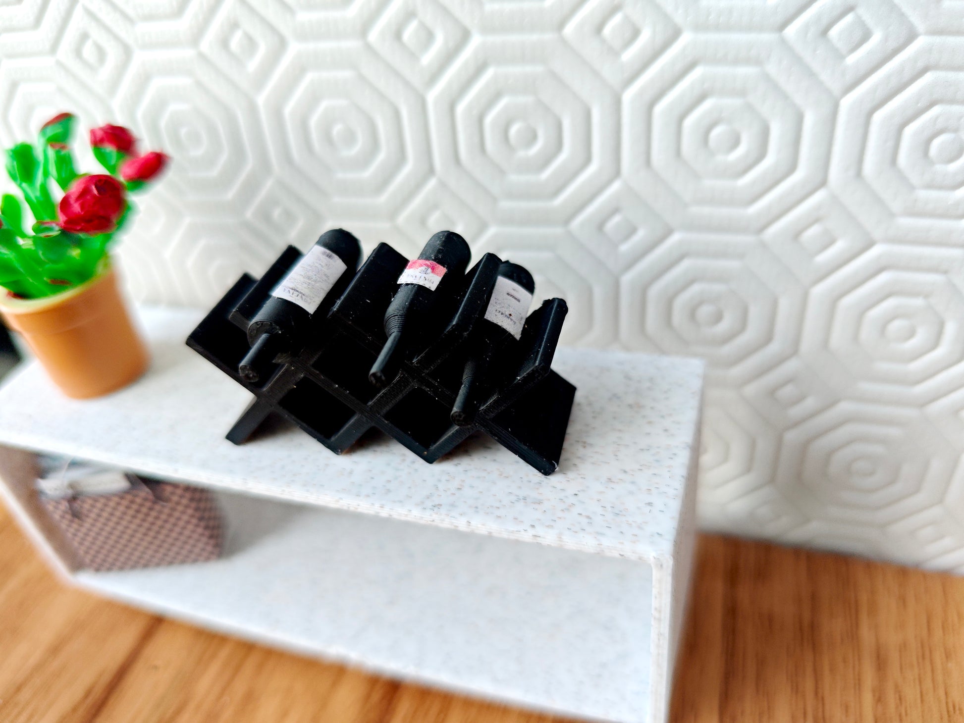 Wine rack holder, Countertop Display Racks for mini kitchen, bar and decoration. STL file for 1:12 dollhouse accessories, sticker included