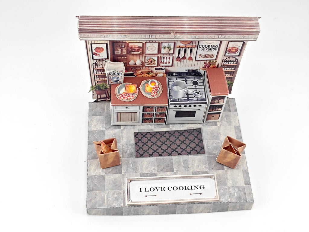 Discover the charm of a cooking kitchen miniature kit, perfect for arts and crafts enthusiasts. This detailed diorama features a mini kitchen with a stove, backdrop, and accessories, ideal for designing a tiny house or indulging in a creative hobby. Craft your own culinary masterpiece in miniature form!