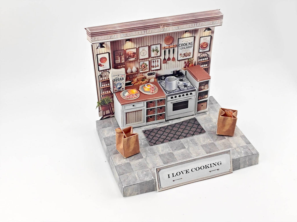Discover the charm of a cooking kitchen miniature kit, perfect for arts and crafts enthusiasts. This detailed diorama features a mini kitchen with a stove, backdrop, and accessories, ideal for designing a tiny house or indulging in a creative hobby. Craft your own culinary masterpiece in miniature form!
