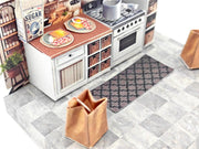 Discover the charm of a cooking kitchen miniature kit, perfect for arts and crafts enthusiasts. This detailed diorama features a mini kitchen with a stove, backdrop, and accessories, ideal for designing a tiny house or indulging in a creative hobby. Craft your own culinary masterpiece in miniature form!