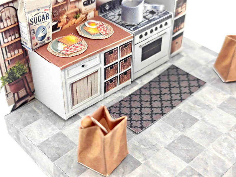 Discover the charm of a cooking kitchen miniature kit, perfect for arts and crafts enthusiasts. This detailed diorama features a mini kitchen with a stove, backdrop, and accessories, ideal for designing a tiny house or indulging in a creative hobby. Craft your own culinary masterpiece in miniature form!