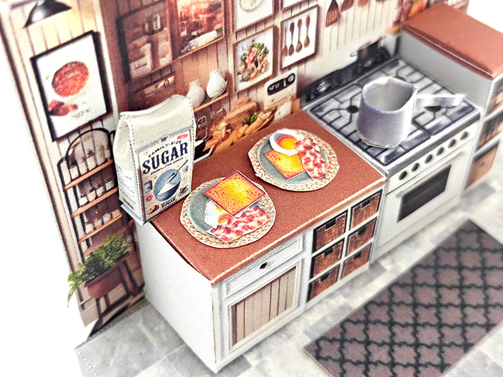 Discover the charm of a cooking kitchen miniature kit, perfect for arts and crafts enthusiasts. This detailed diorama features a mini kitchen with a stove, backdrop, and accessories, ideal for designing a tiny house or indulging in a creative hobby. Craft your own culinary masterpiece in miniature form!