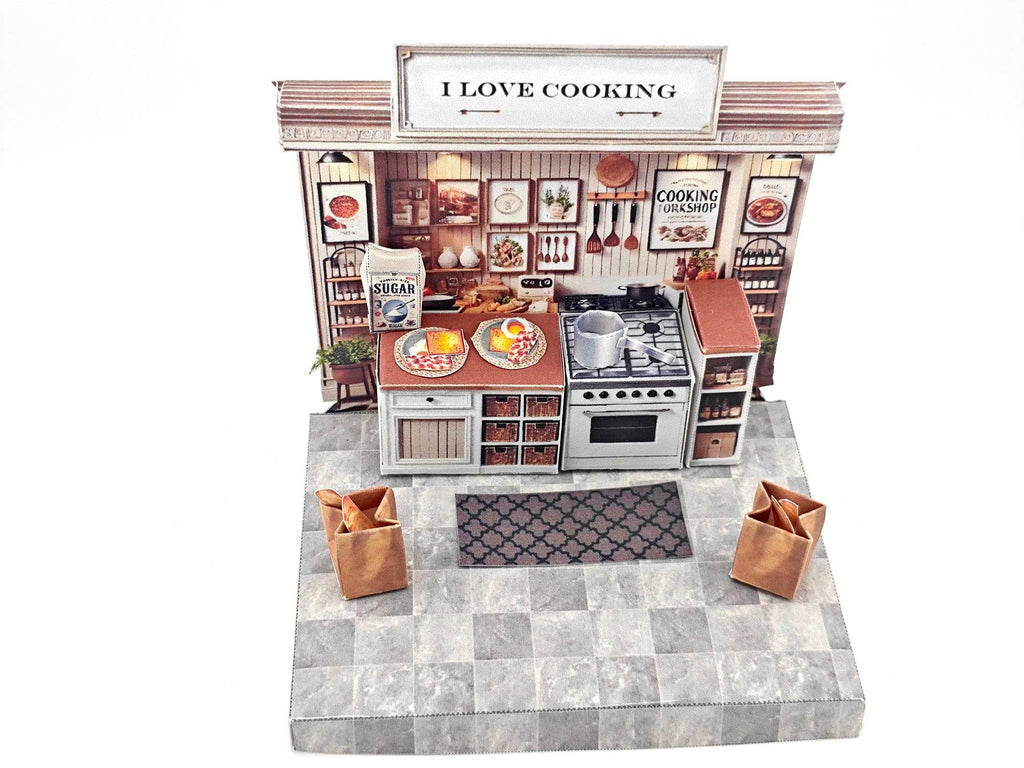 Discover the charm of a cooking kitchen miniature kit, perfect for arts and crafts enthusiasts. This detailed diorama features a mini kitchen with a stove, backdrop, and accessories, ideal for designing a tiny house or indulging in a creative hobby. Craft your own culinary masterpiece in miniature form!