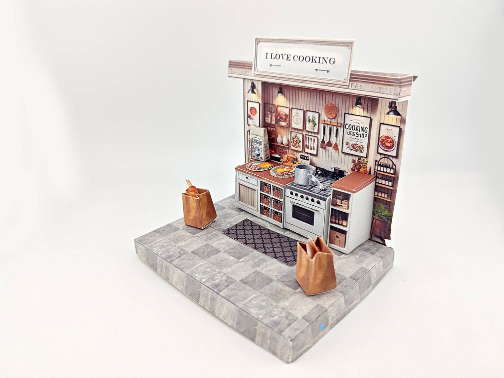 Discover the charm of a cooking kitchen miniature kit, perfect for arts and crafts enthusiasts. This detailed diorama features a mini kitchen with a stove, backdrop, and accessories, ideal for designing a tiny house or indulging in a creative hobby. Craft your own culinary masterpiece in miniature form!