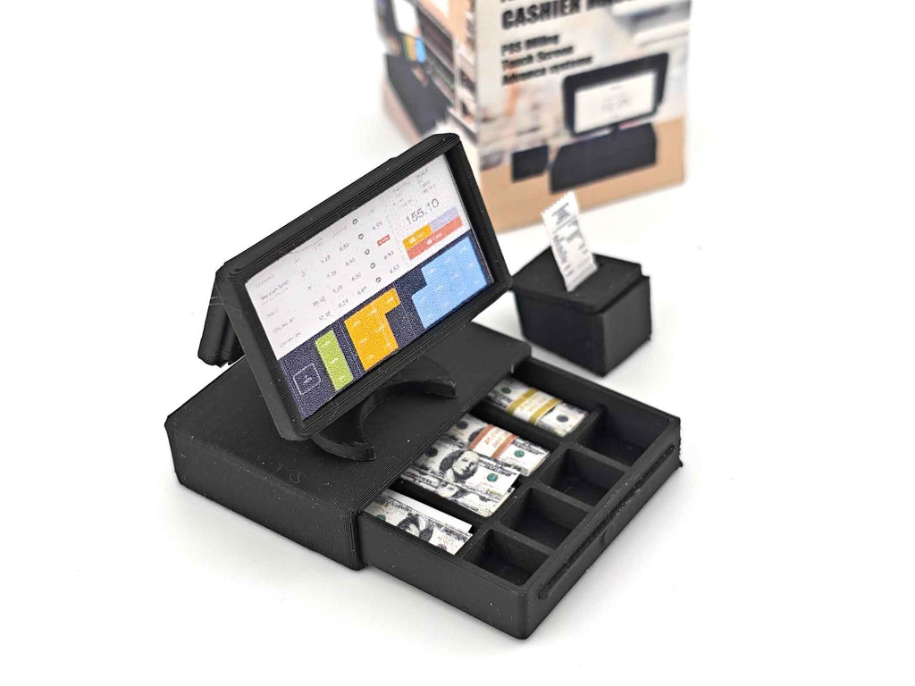Bring your miniature shop to life with this 1:12 scale all-in-one POS cashier machine! Complete with dual screens, a cash drawer, receipt, and mini money details — perfect for mini marts, doll supermarkets, and store dioramas. A fun and detailed accessory for any dollhouse scene!