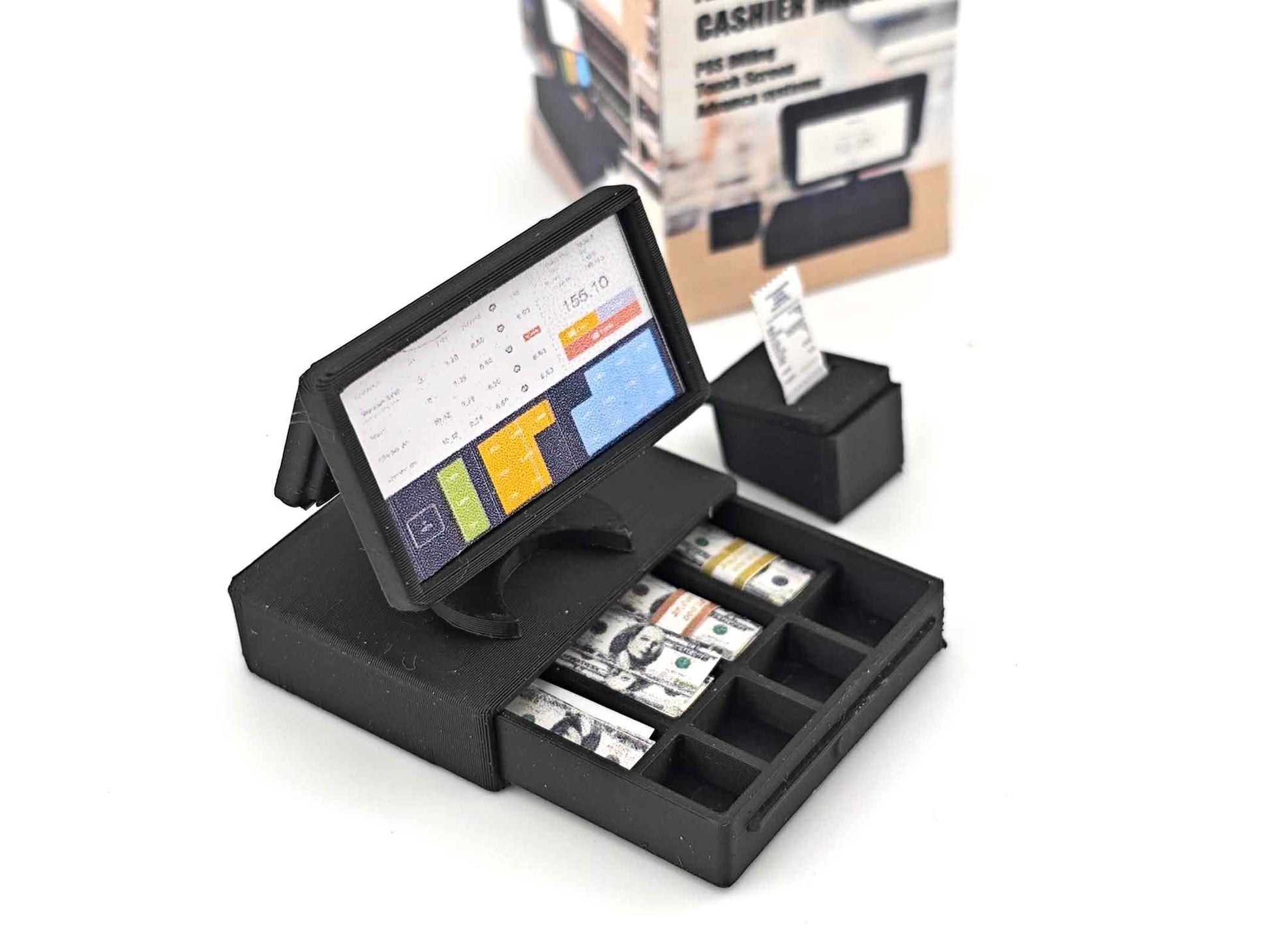 Bring your miniature shop to life with this 1:12 scale all-in-one POS cashier machine! Complete with dual screens, a cash drawer, receipt, and mini money details — perfect for mini marts, doll supermarkets, and store dioramas. A fun and detailed accessory for any dollhouse scene!