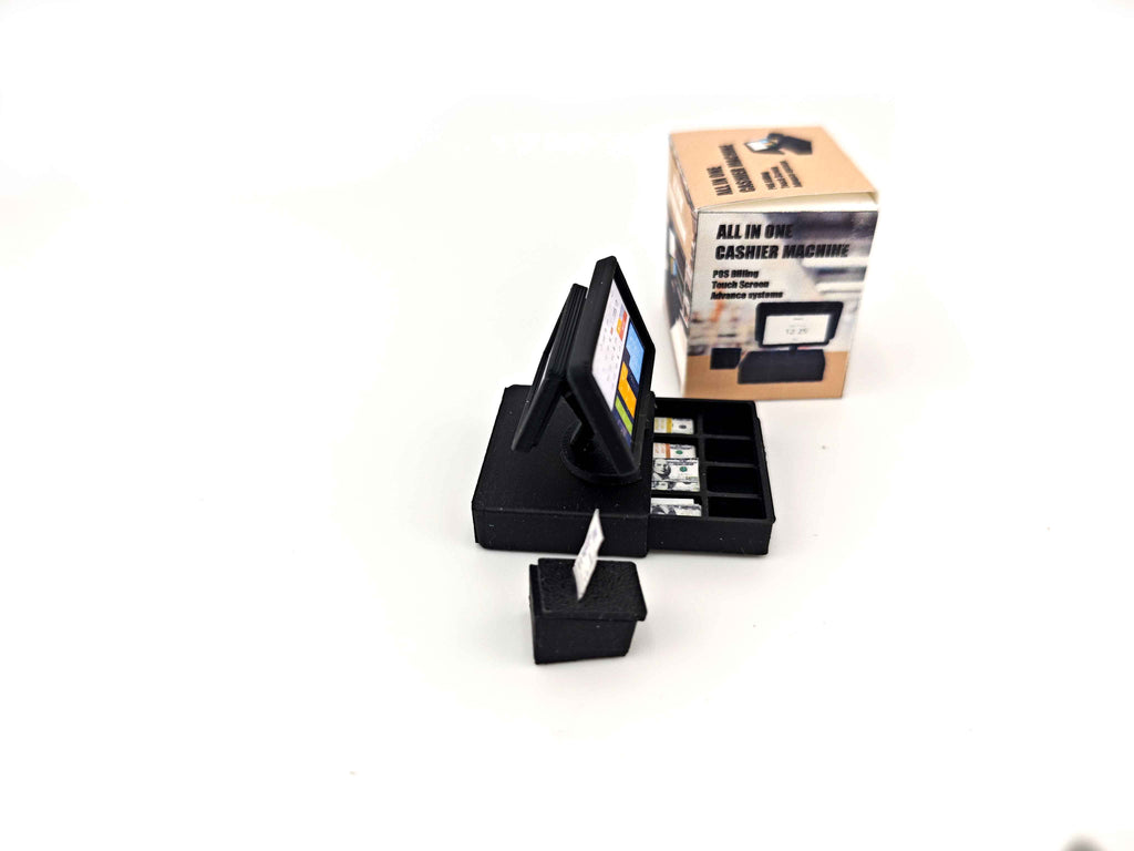 Bring your miniature shop to life with this 1:12 scale all-in-one POS cashier machine! Complete with dual screens, a cash drawer, receipt, and mini money details — perfect for mini marts, doll supermarkets, and store dioramas. A fun and detailed accessory for any dollhouse scene!