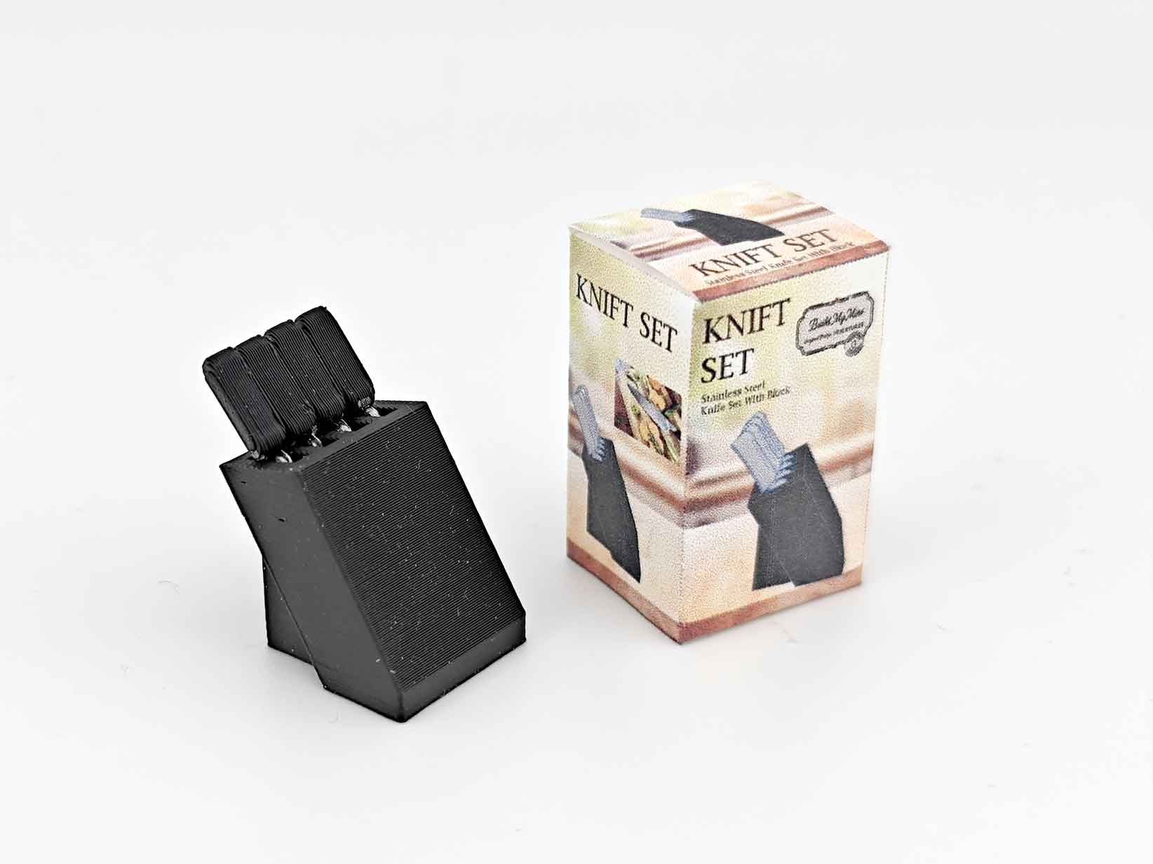 1:12 scale dollhouse knife set with four miniature knives arranged in a compact bamboo knife block, designed for a mini kitchen. The set is a cute, detailed cooking tool, ideal for dollhouse enthusiasts, with a tested STL file for Bamboo Lab 3D printing.