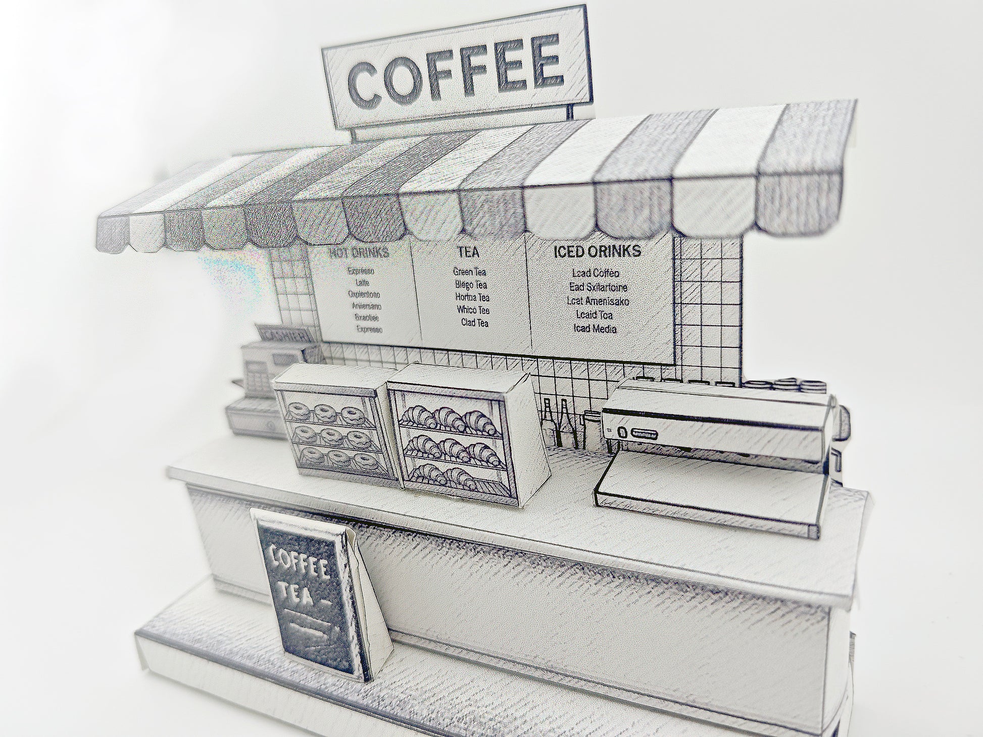 Sketch Coffee Shop miniature stand, color book, printing idea, 3D model coloring excise, children project