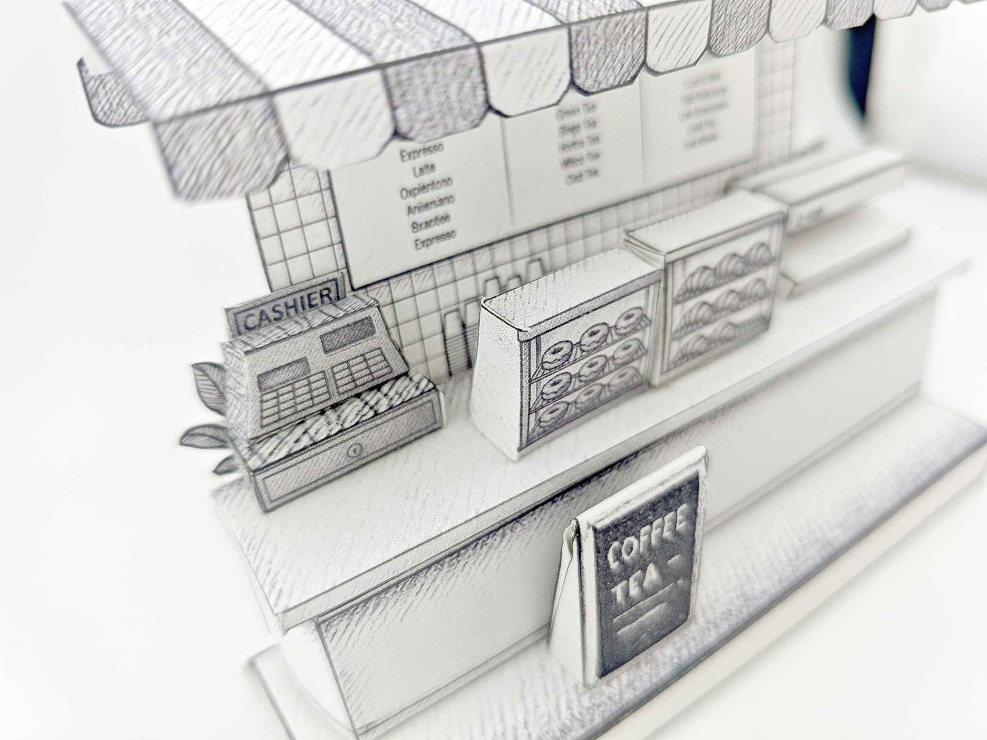 Sketch Coffee Shop miniature stand, color book, printing idea, 3D model coloring excise, children project