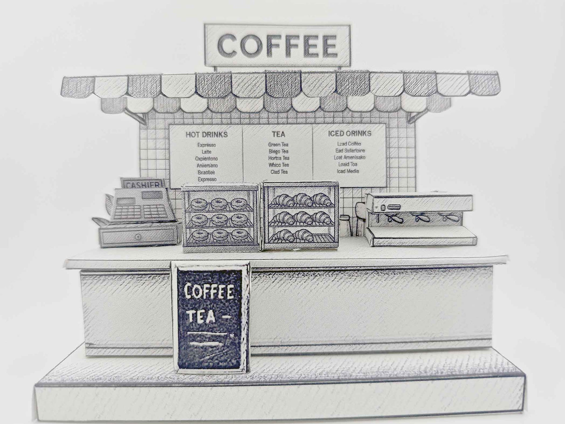 Sketch Coffee Shop miniature stand, color book, printing idea, 3D model coloring excise, children project