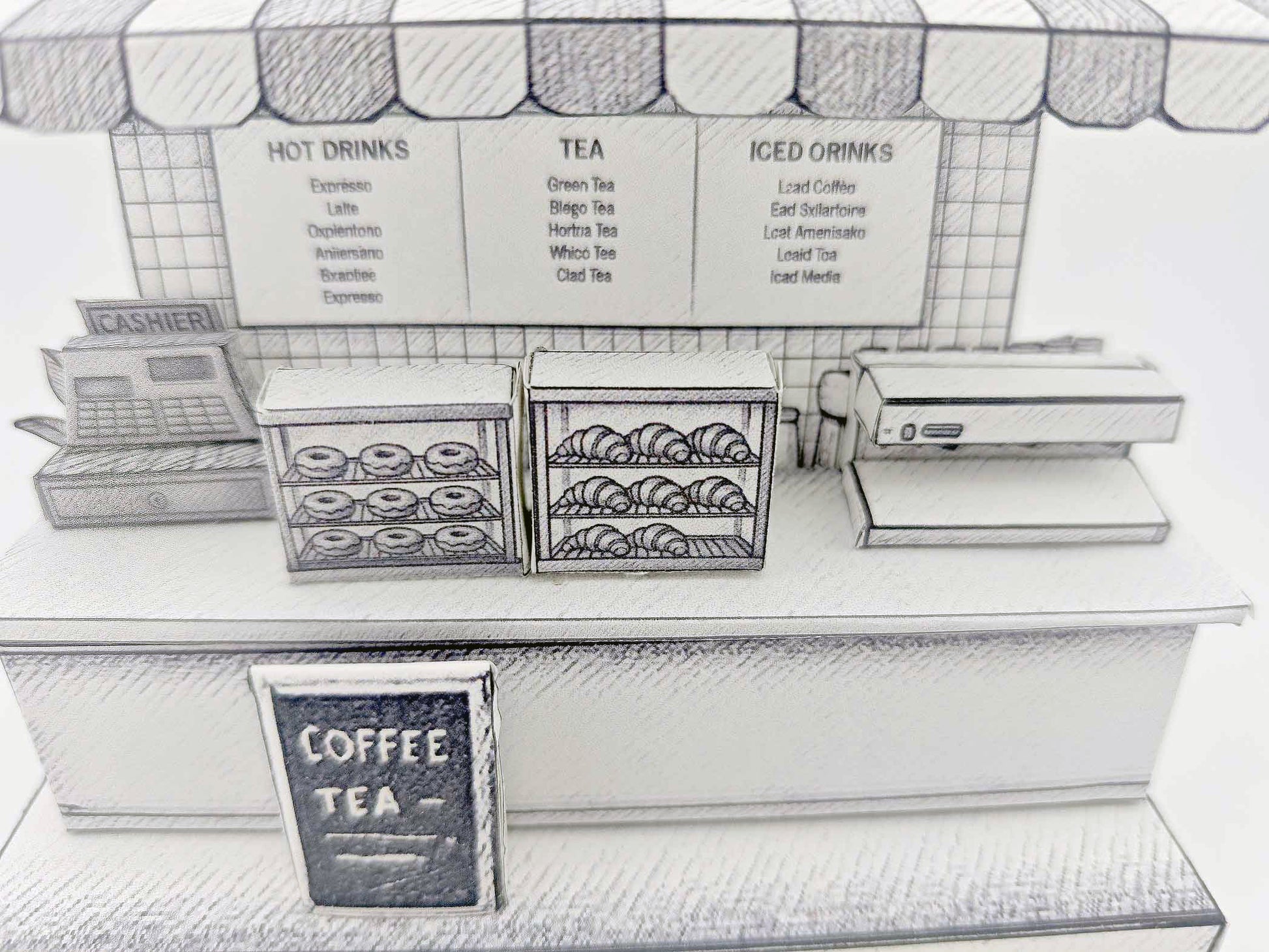 Sketch Coffee Shop miniature stand, color book, printing idea, 3D model coloring excise, children project