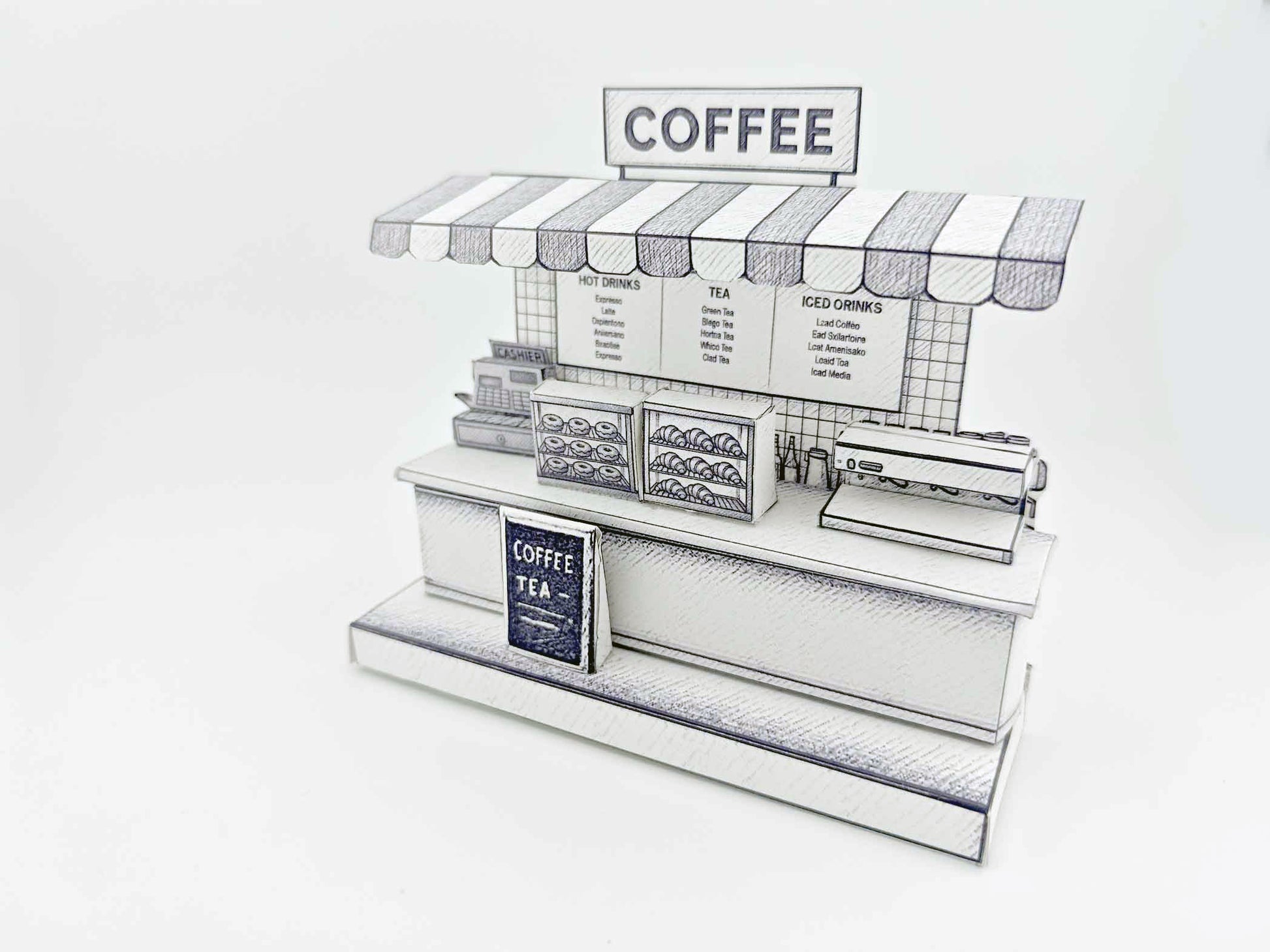 Sketch Coffee Shop miniature stand, color book, printing idea, 3D model coloring excise, children project