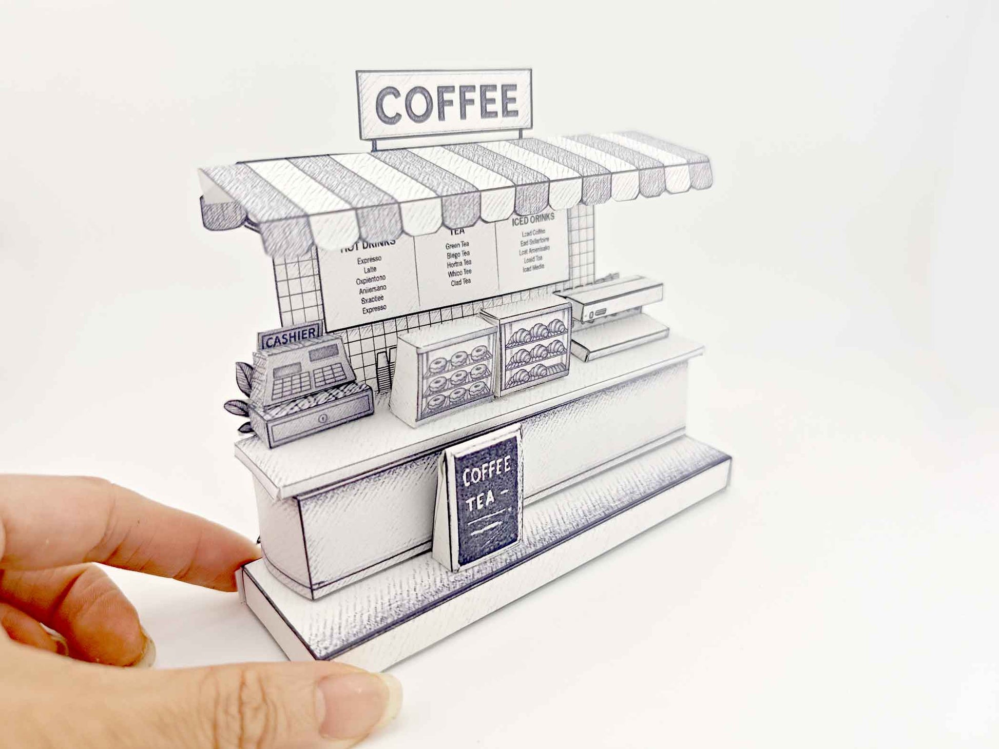 Sketch Coffee Shop miniature stand, color book, printing idea, 3D model coloring excise, children project