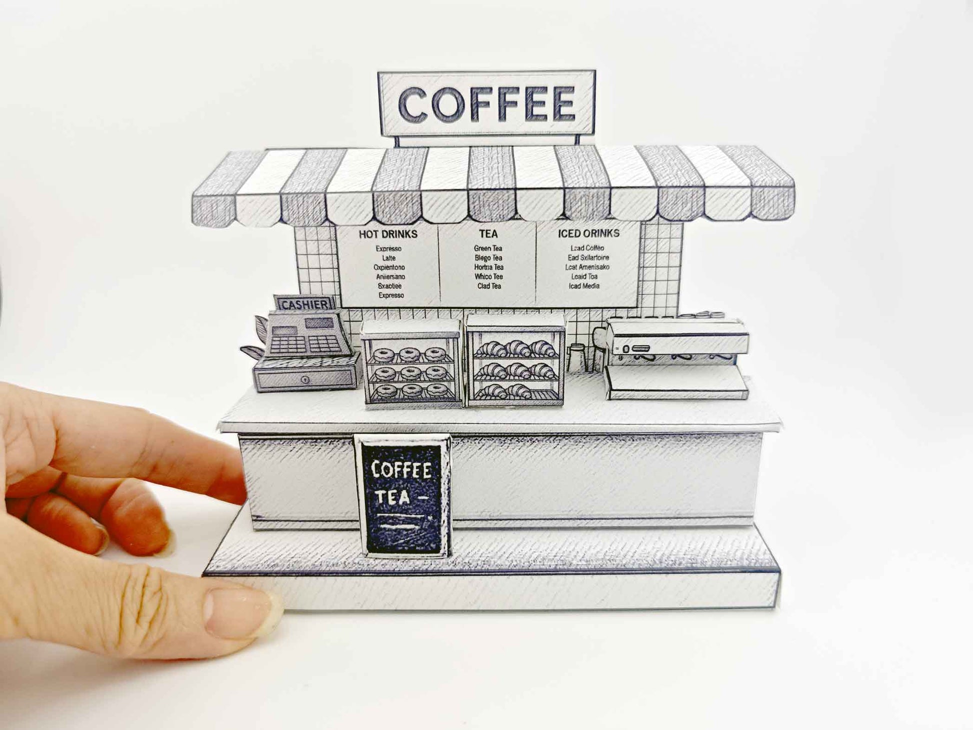 Sketch Coffee Shop miniature stand, color book, printing idea, 3D model coloring excise, children project