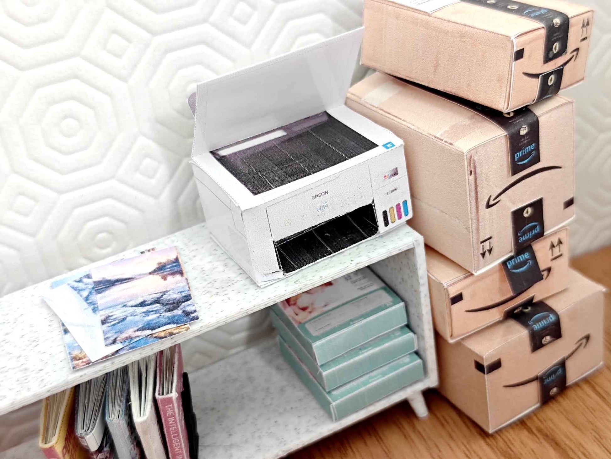 1:12 Mini Printer with Four Seasons Paper — Perfect for Dollhouse Crafting & Study Rooms