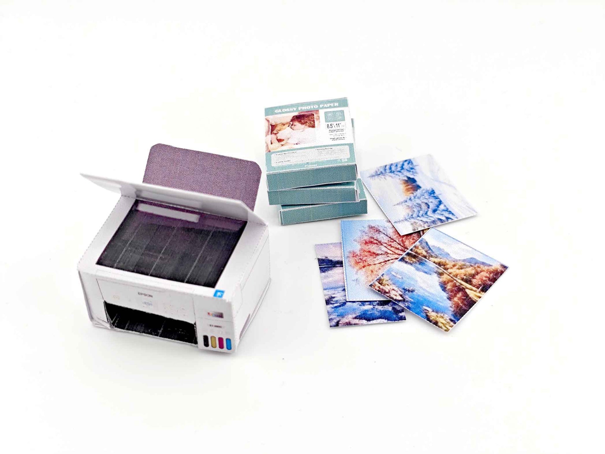 1:12 Mini Printer with Four Seasons Paper — Perfect for Dollhouse Crafting & Study Rooms