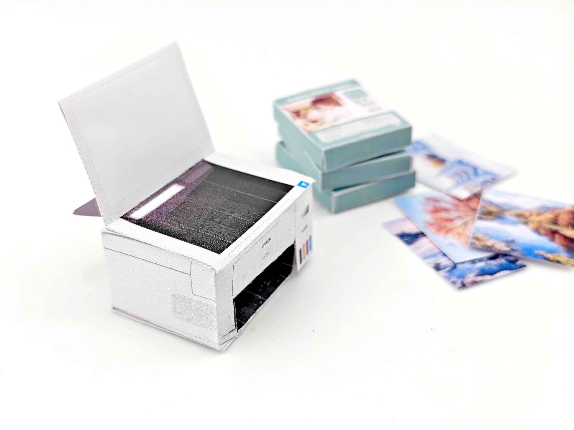 1:12 Mini Printer with Four Seasons Paper — Perfect for Dollhouse Crafting & Study Rooms