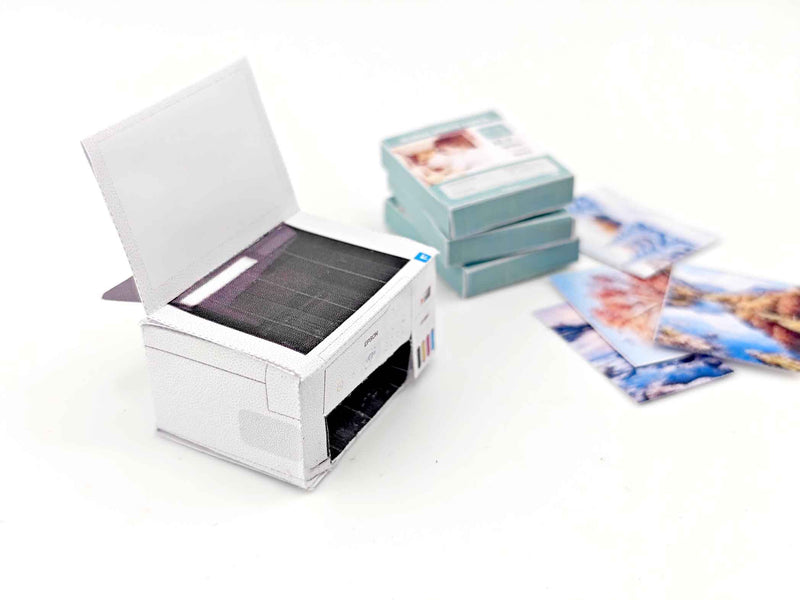 1:12 Mini Printer with Four Seasons Paper — Perfect for Dollhouse Crafting & Study Rooms