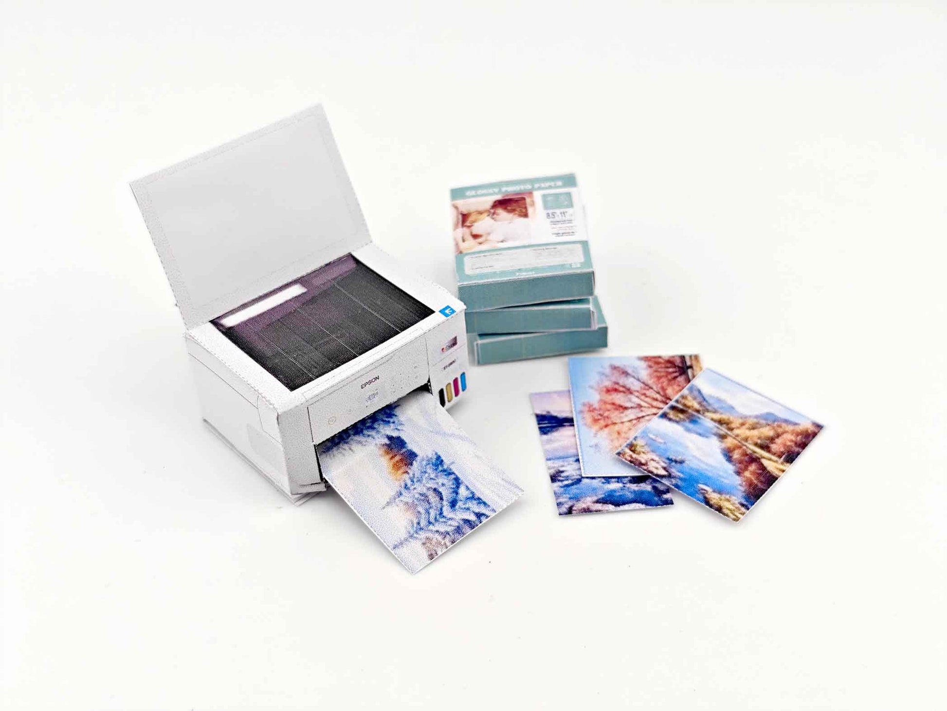 1:12 Mini Printer with Four Seasons Paper — Perfect for Dollhouse Crafting & Study Rooms