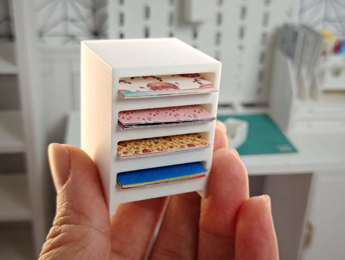1:12 Scale Miniature White Paper Organizer with 77 pieces colorful card stock paper (Physical Product)