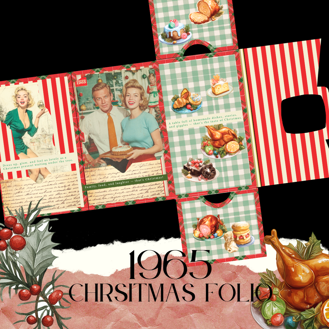 Vintage Chrsitmas Family activities in 1965 folio kit, old fashion television and playable ephemera, 11 pages designs