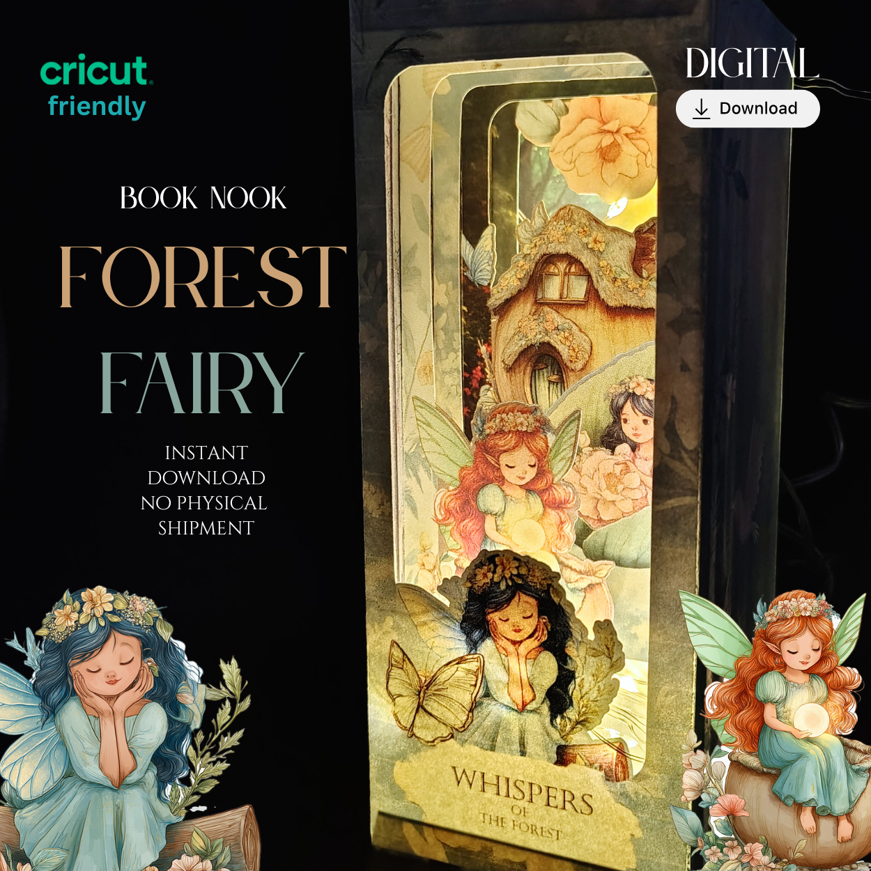 Forest Fairy Book Nook — DIY Paper Diorama Template for Bookshelf Decor (Printable Digital Download)