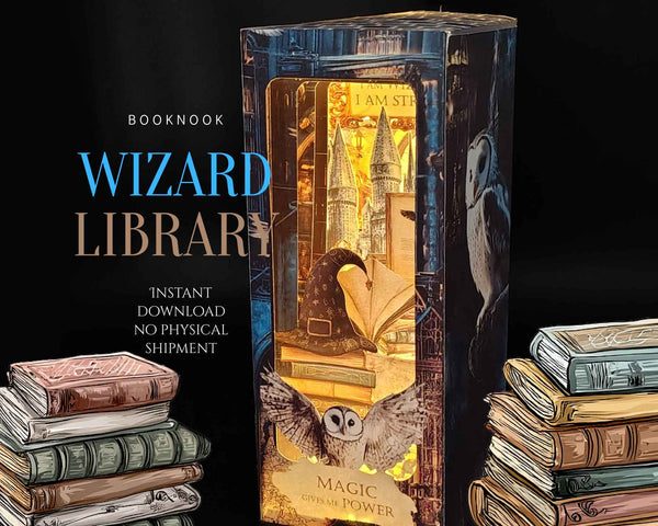 Wizard Library Book Nook Kit: Foldable Paper Diorama (PDF & PNG Templates)