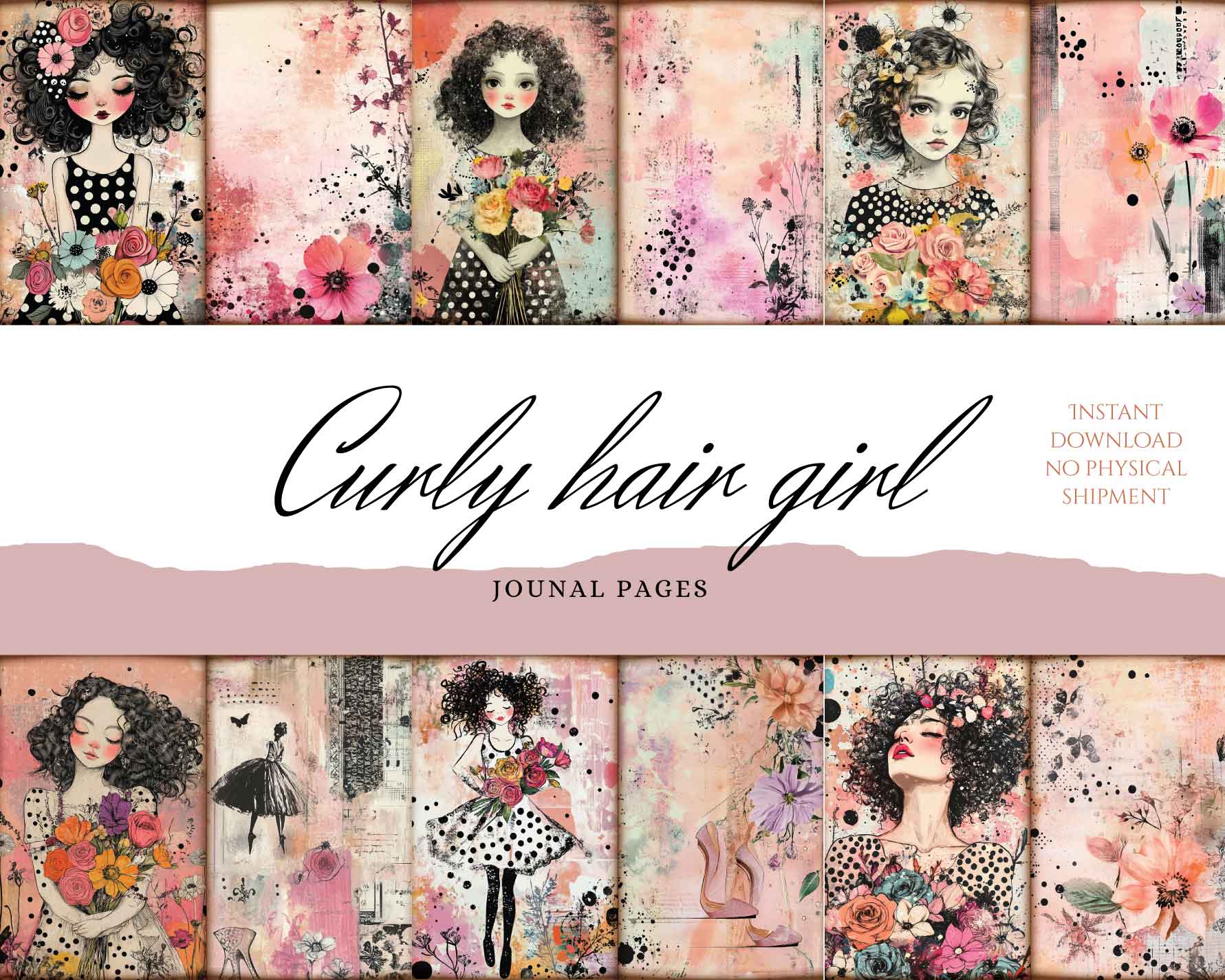 OutieCraft Curly black hair girl journal page and scrapbook paper , 40 images Letter, Music Instrument, dancing, black dots vintage and artistic style