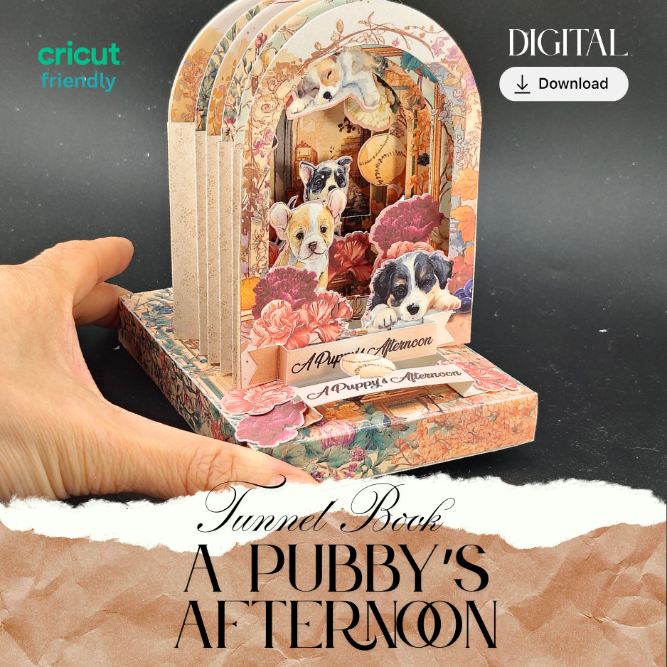 A Puppy's Afternoon Tunnel Book Card PDF, DIY 3D Vintage Dog Shadow Box, Printable Arch Greeting Card, Floral Puppy Gift, Digital Download