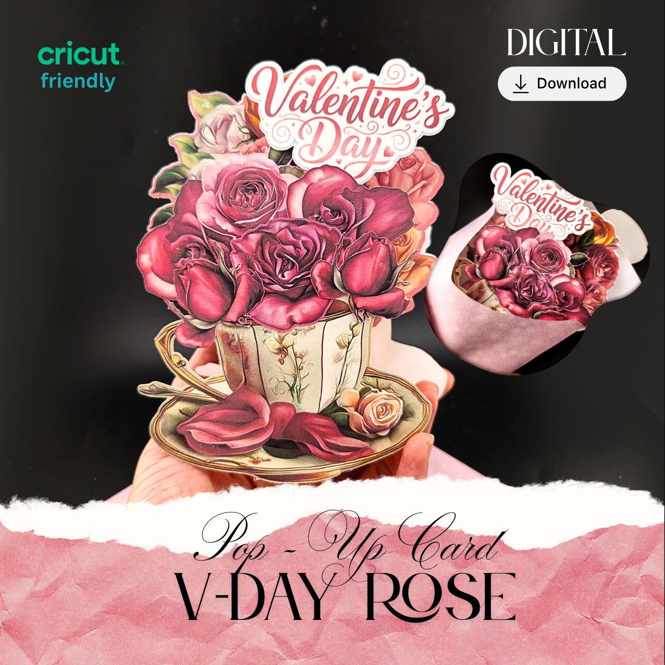 Rose & Teacup Pop-Up Valentine’s Day Card — Printable Stand-Up Paper Decoration in Pink (Foldable Love Card, Digital Download)