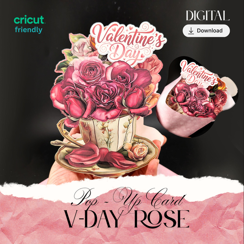 Rose & Teacup Pop-Up Valentine’s Day Card — Printable Stand-Up Paper Decoration in Pink (Foldable Love Card, Digital Download)