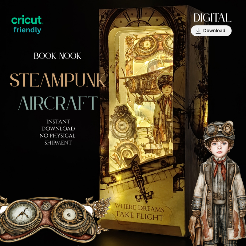 Steampunk Aircraft Book Nook Kit, Printable Cricut Shadowbox (Digital Product)
