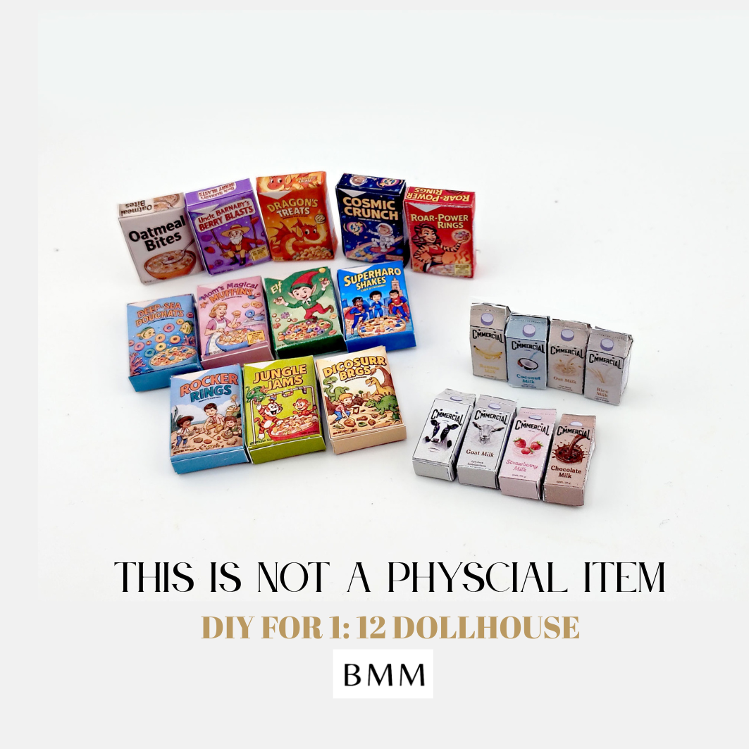 12 Cereral Boxes and 8 Milk boxes for 1:12 dollhouse, mini food items for kitchen diaorma (PDF Printable template)