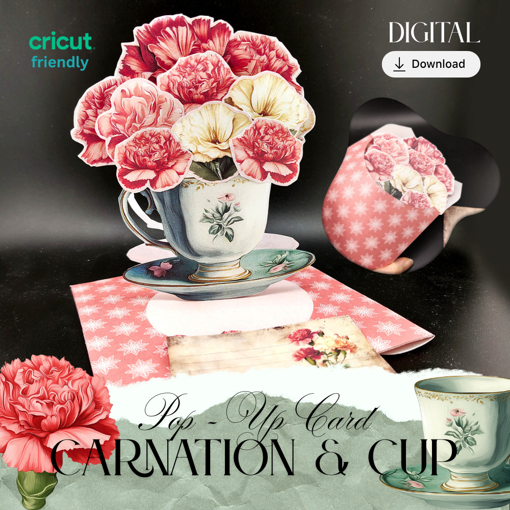 Mini Carnation & Teacup Pop-Up Gift Card — Printable Stand-Up Decoration in pink yellow (Foldable, Digital Download)  motherly love