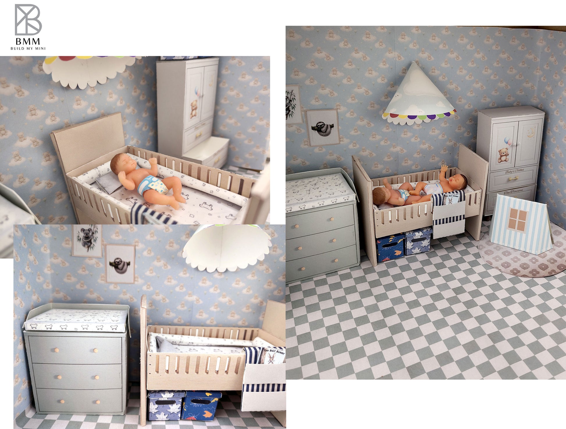 BMM Shoe Box , 1:12 , 4-5inch doll Living Room 10 in 1, Baby bed, diaper changing area, play tent, rub and closet, Dollhouse furniture, DIY, diorama