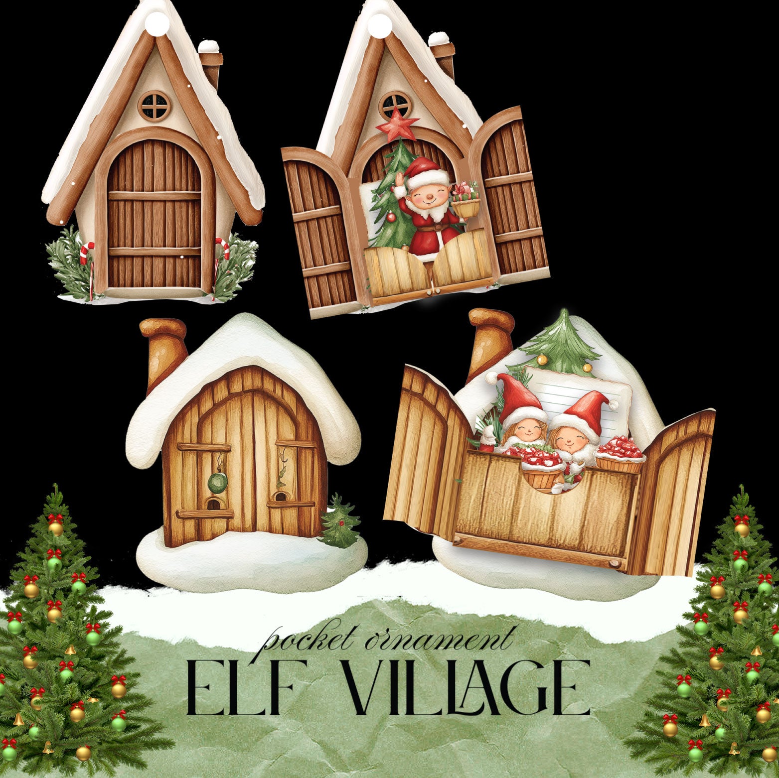Elf village pocket Christmas ornaments paper craft set for DIY tree decorations and journaling