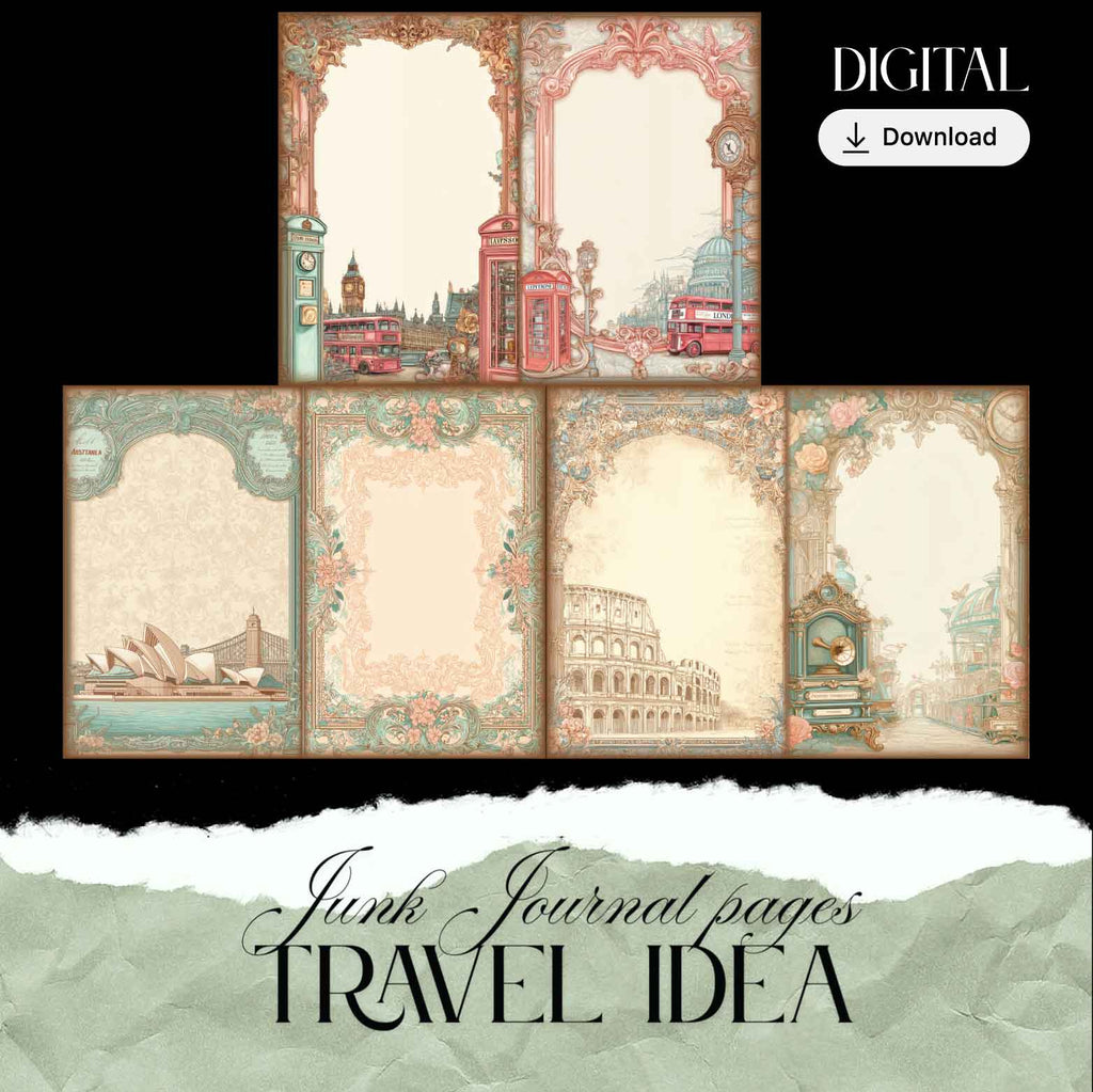 Travel junk journal kit with 14 printable double-sided pages featuring maps, postcards, and vintage travel designs