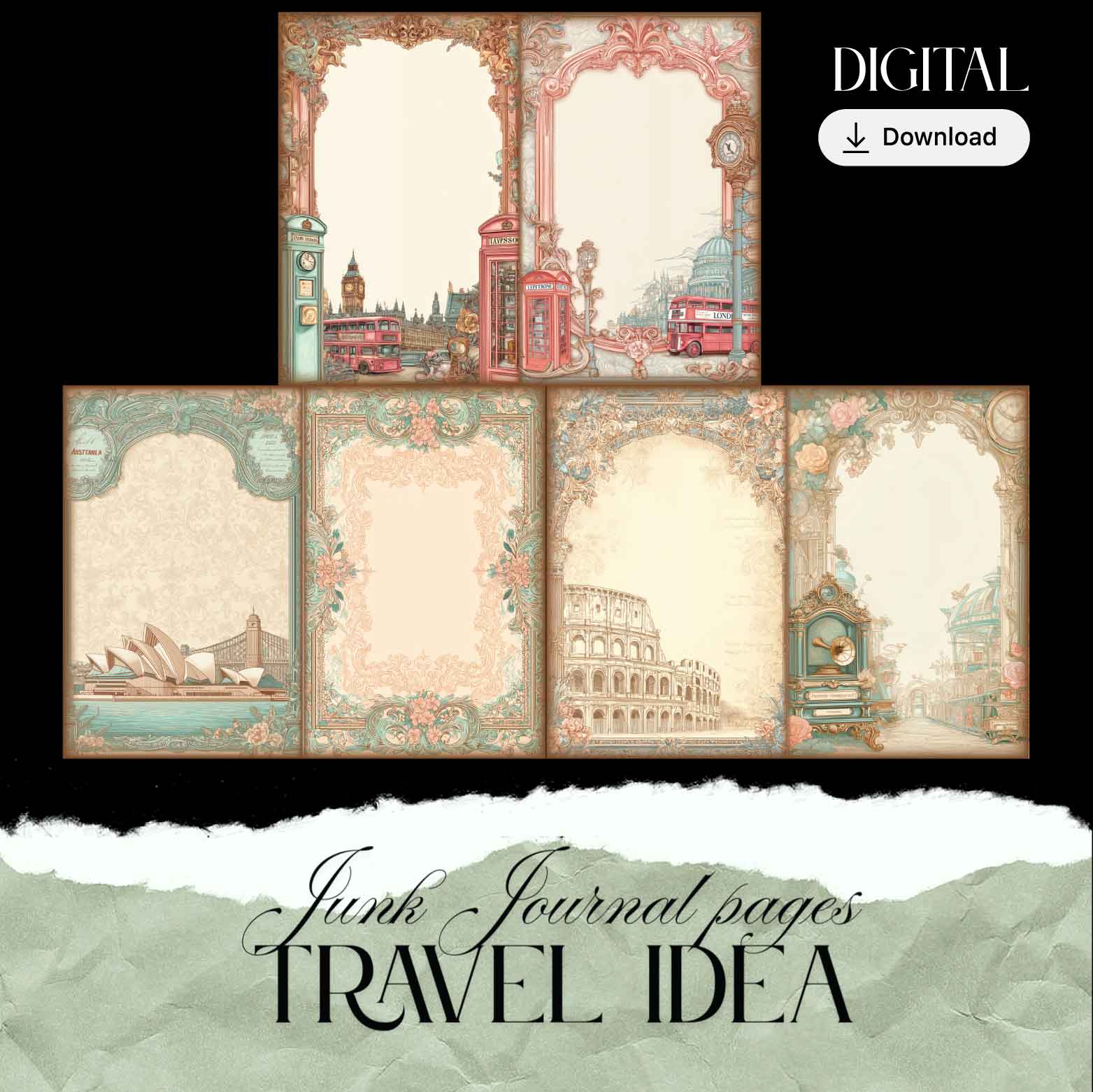 Travel junk journal kit with 14 printable double-sided pages featuring maps, postcards, and vintage travel designs