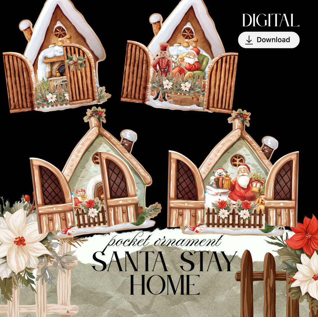 Santa Stay-at-Home Paper Ornament Kit — DIY Christmas Pocket & Ephemera Craft with Card Designs + Video Tutorial (Digital Download)
