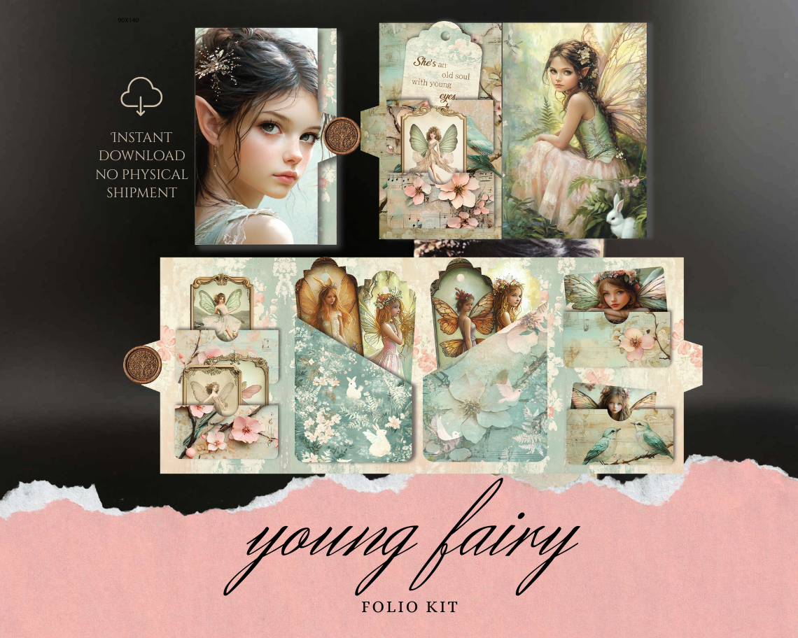 Young Fairy folio kit printable, fairy junk journal printables, whimsical scrapbook ephemera, summer fairies digital, mini folio fairytale journal