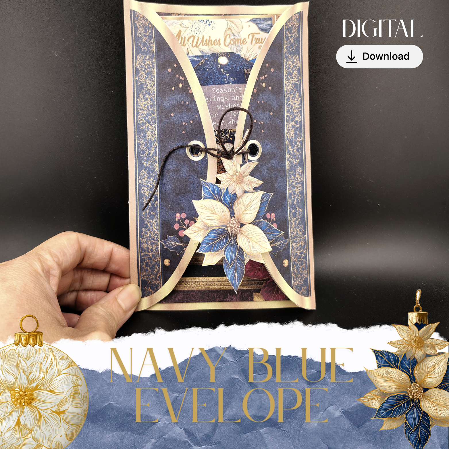 Navy Blue and Gold Christmas envelope and wishes card with Ephemera (Cricut-Friendly, 4 Pages)