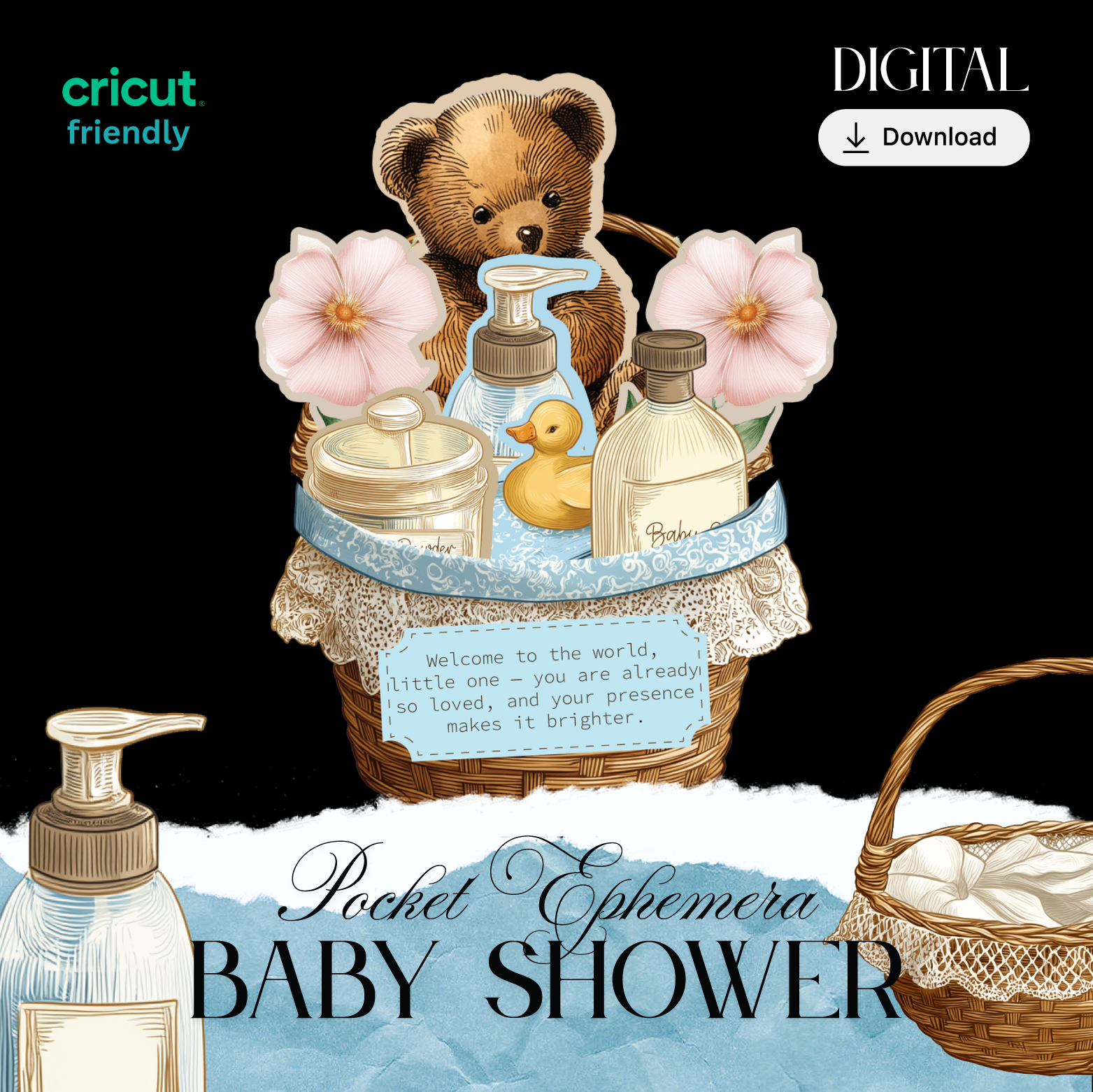 Baby Shower Basket Pocket Card — DIY Double-Sided Printable Folding Card for Newborn Celebration (Digital Download)