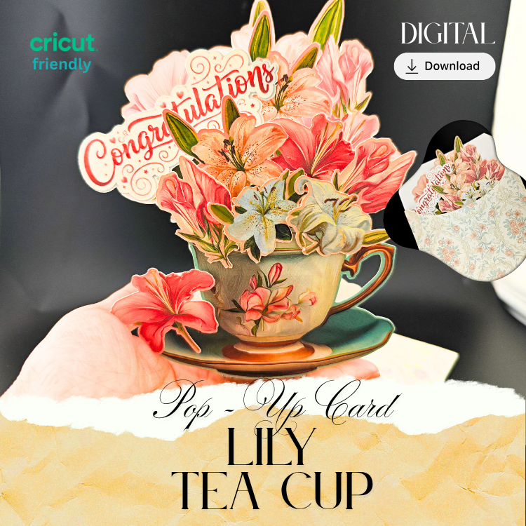 Printable Floral Teacup Pop Up Card Kit, DIY Congratulations Greeting Card (Digital Download)