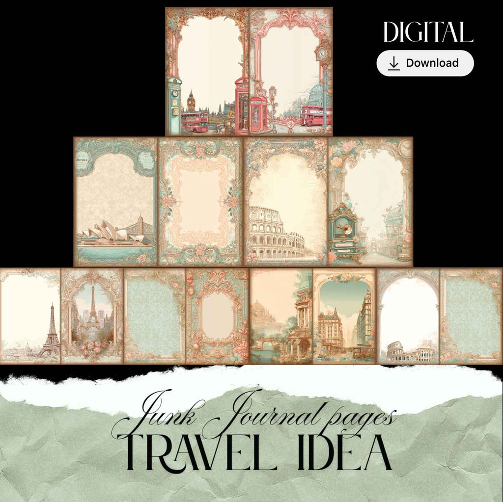 Vintage Travel Junk Journal Pages: Printable Ephemera (14 Designs, Double-Sided)