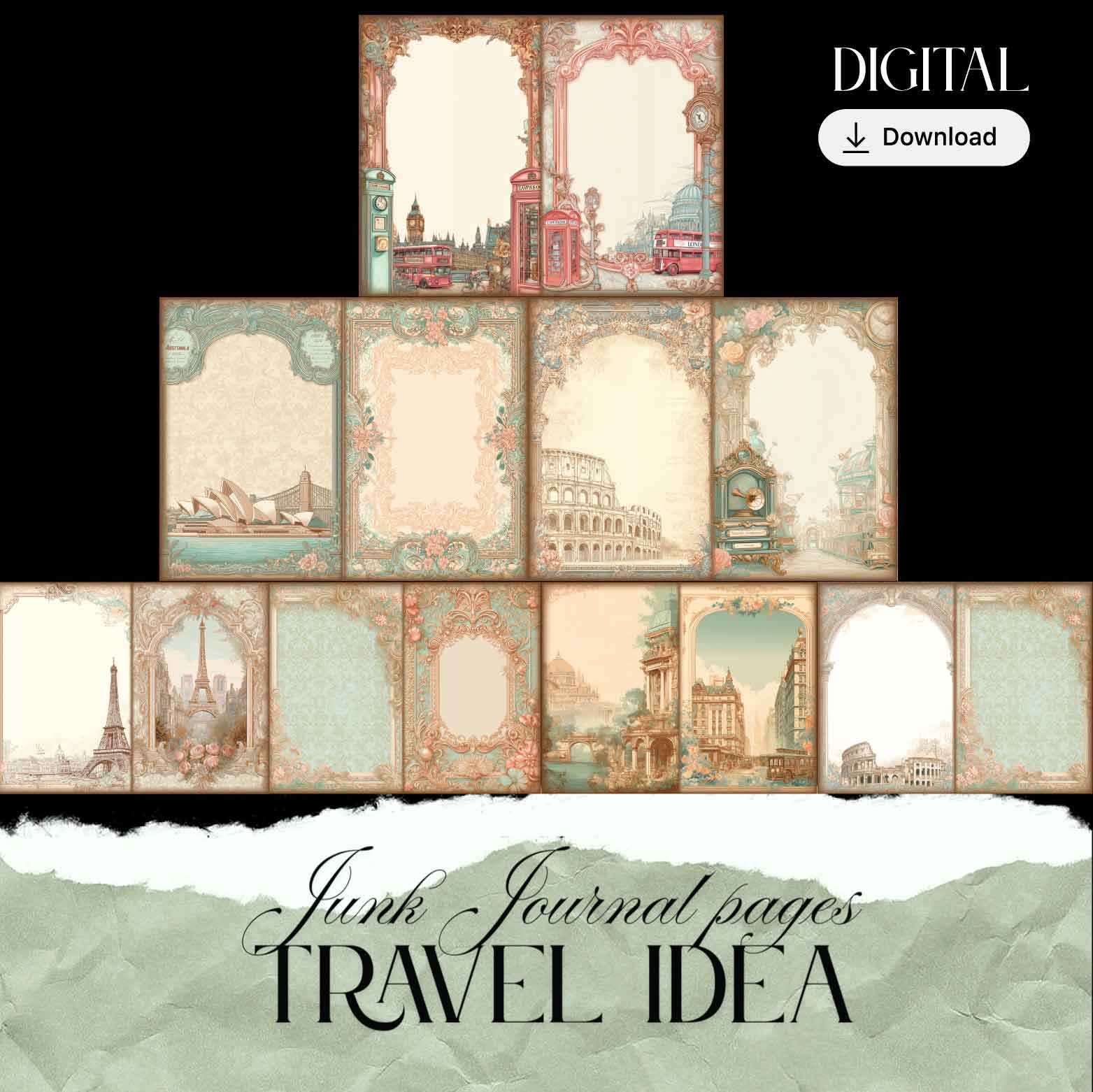 Travel Idea Junk Journal Pages 14 designs for Travel Lover, double sides page easy print