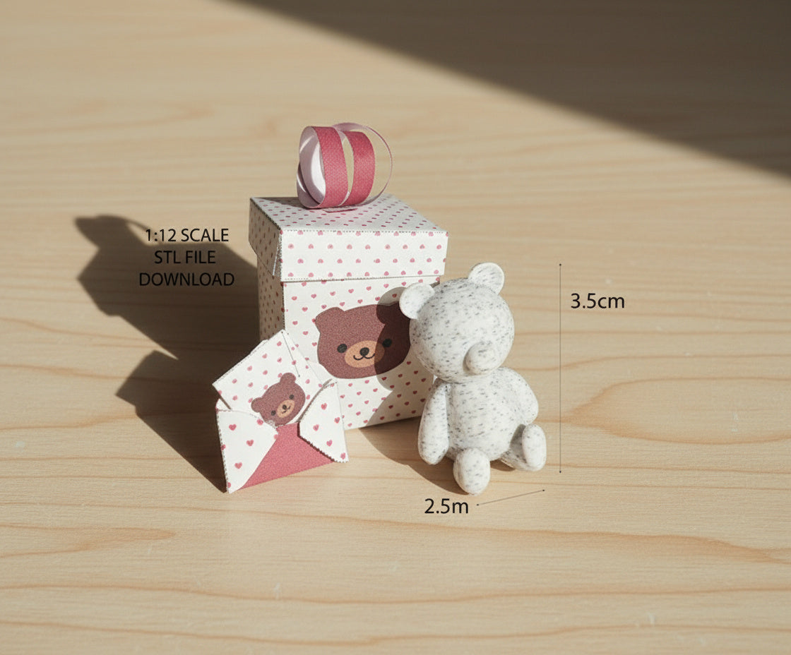 3D printing STL - 1:12 Little bear toy with Valentines gift day box and cards , tiny bear, mini bear, Dollhouse accessories