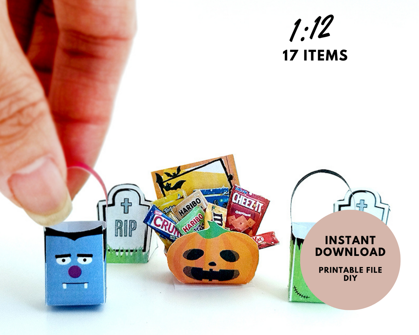 Halloween snack bucket - 1 12 Scale Printable for Dollhouse Miniatures - snack box, miniature template, Halloween theme