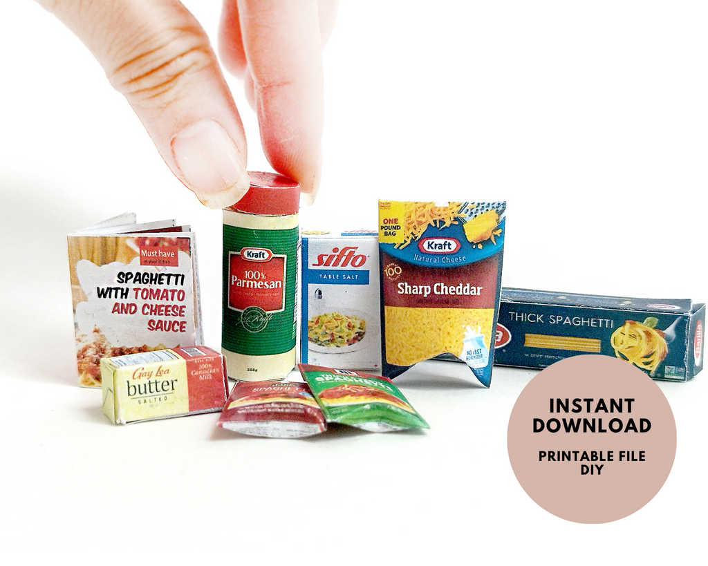Create a delicious dollhouse meal with this 1:6 scale 9-piece Pasta Set printable template. Featuring a DIY mini recipe and cooking accessories, this downloadable set is perfect for doll meals and miniature enthusiasts.

